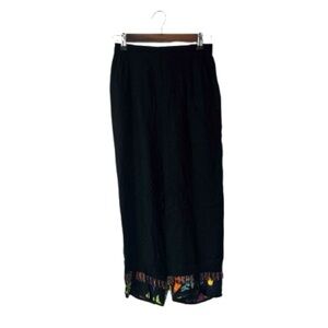 Paradiso Vintage Black Wide Leg Pants Rayon Beaded Tropical Print Crop Medium